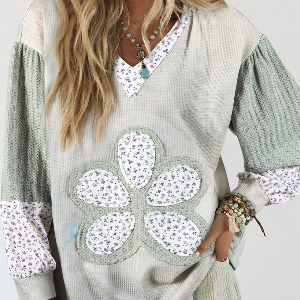 B304 Green Floral Tetured Colorblock Patchwork Lantern Sleeve Hooded Top